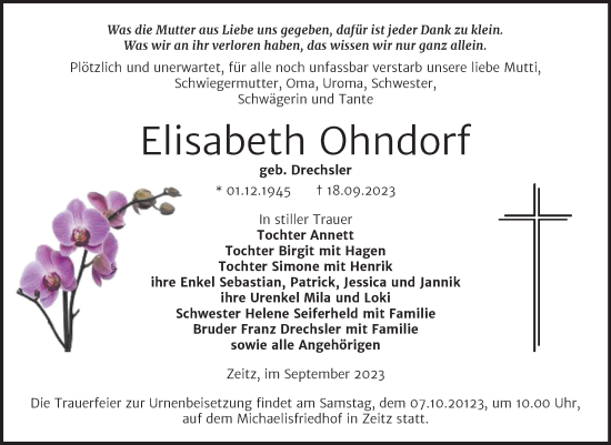 Traueranzeige von Elisabeth Ohndorf von Trauerkombi Zeitz
