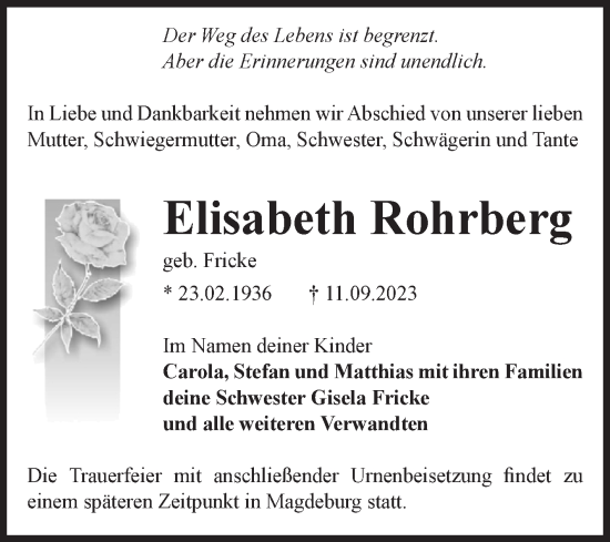 Traueranzeige von Elisabeth Rohrberg von Volksstimme Altmark West