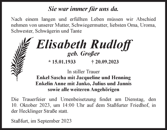 Traueranzeige von Elisabeth Rudloff von Volksstimme Staßfurt