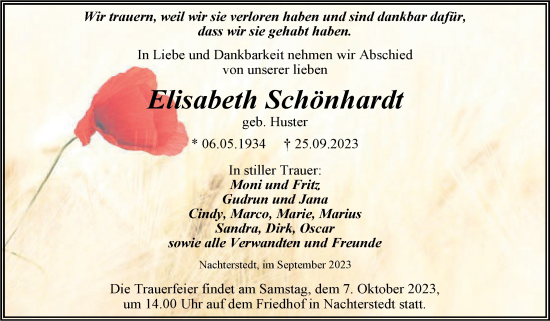 Traueranzeige von Elisabeth Schönhardt von Trauerkombi Aschersleben