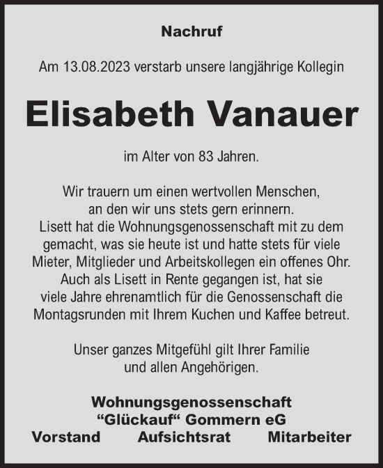 Traueranzeige von Elisabeth Vanauer von Volksstimme Burg/Genthin
