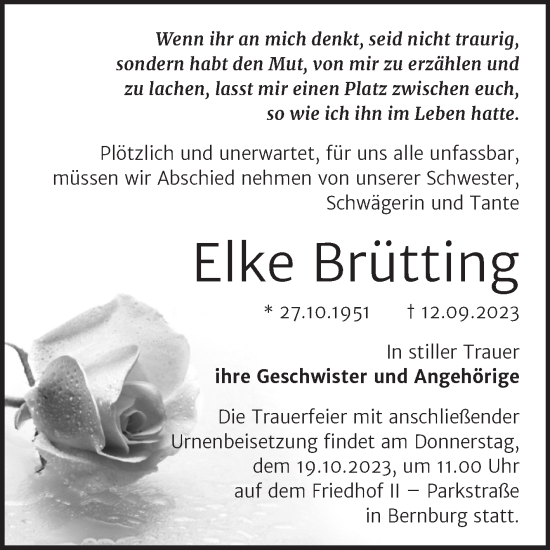 Traueranzeige von Elke Brütting von Trauerkombi Bernburg