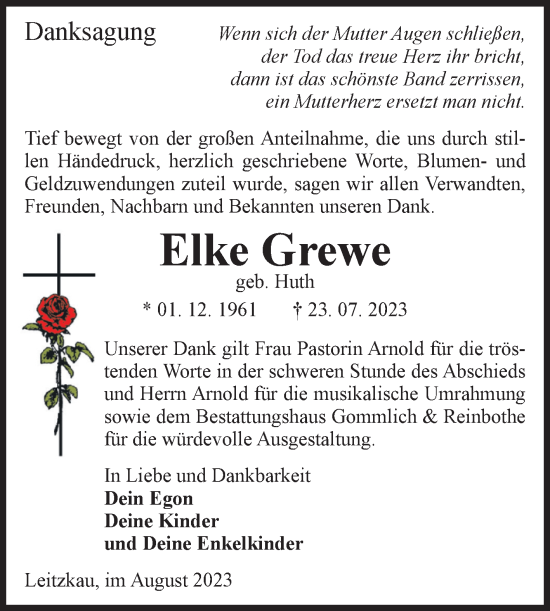 Traueranzeige von Elke Grewe von Volksstimme Zerbst