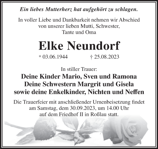 Traueranzeige von Elke Neundorf von Trauerkombi Dessau