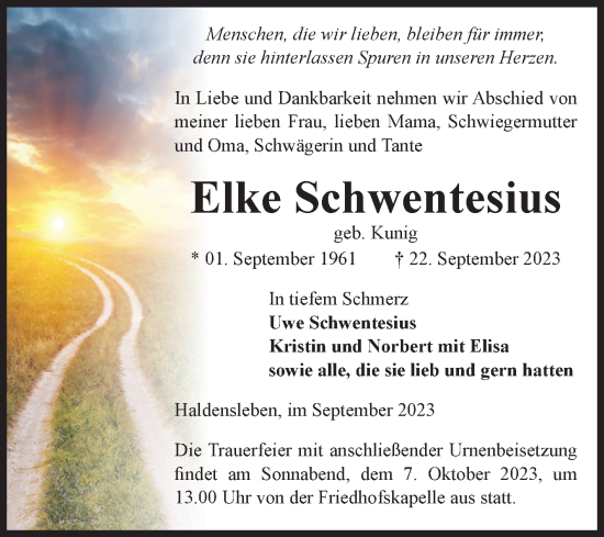 Traueranzeige von Elke Schwentesius von Volksstimme Haldensleben/Wolmirstedt