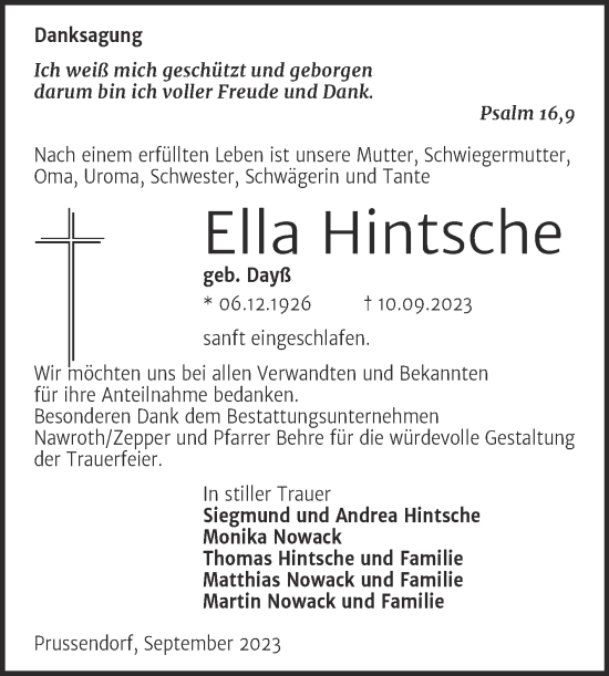 Traueranzeige von Ella Hintsche von Trauerkombi Bitterfeld