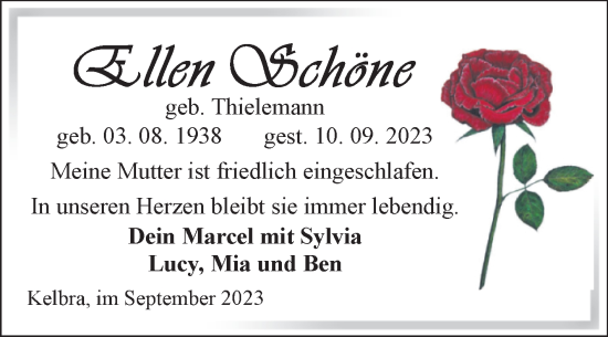 Traueranzeige von Ellen Schöne von Trauerkombi Sangerhausen