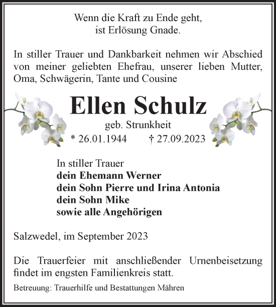 Traueranzeige von Ellen Schulz von Volksstimme Altmark West