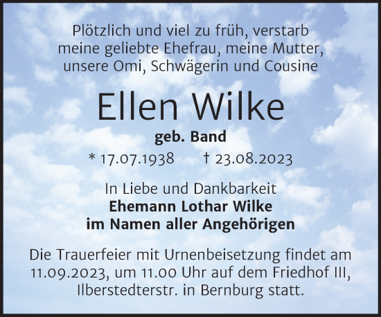 Traueranzeige von Ellen Wilke von Trauerkombi Bernburg