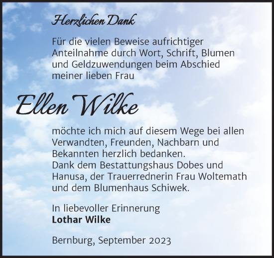 Traueranzeige von Ellen Wilke von Trauerkombi Bernburg