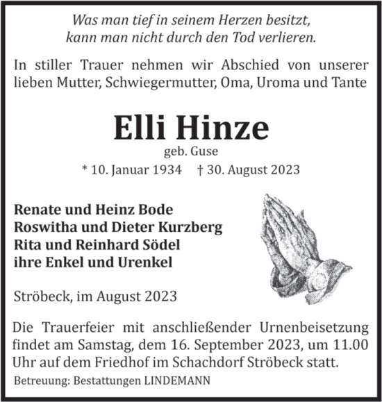 Traueranzeige von Elli Hinze von Volksstimme Halberstadt