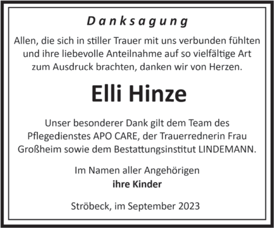 Traueranzeige von Elli Hinze von Volksstimme Halberstadt