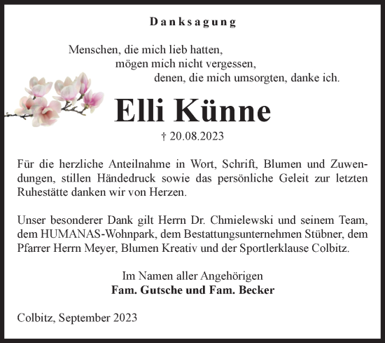 Traueranzeige von Elli Künne von Volksstimme Haldensleben/Wolmirstedt