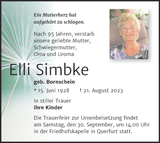 Traueranzeige von Elli Simbke von Trauerkombi Merseburg