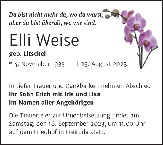 Traueranzeige von Elli Weise von Wochenspiegel Naumburg/Nebra