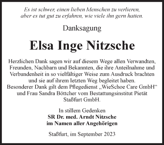 Traueranzeige von Elsa Inge Nitzsche von Volksstimme Staßfurt