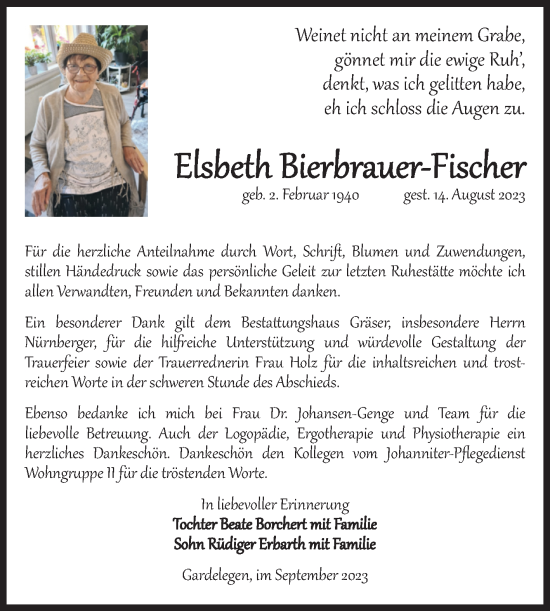 Traueranzeige von Elsbeth Bierbrauer-Fischer von Volksstimme Altmark West