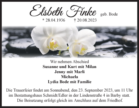 Traueranzeige von Elsbeth Finke von Volksstimme Schönebeck