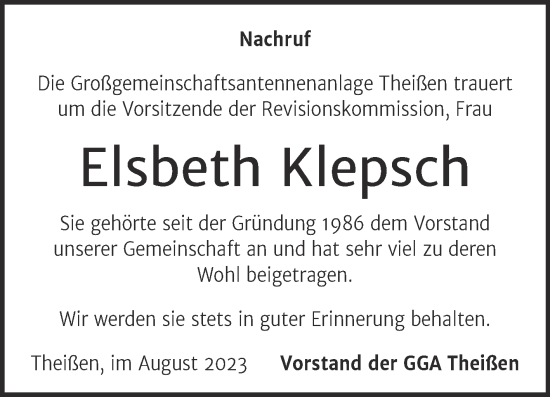 Traueranzeige von Elsbeth Klepsch von Super Sonntag Zeitz