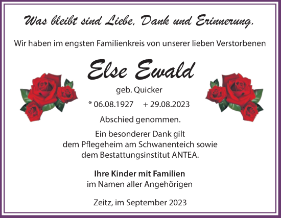 Traueranzeige von Else Ewald von Trauerkombi Zeitz