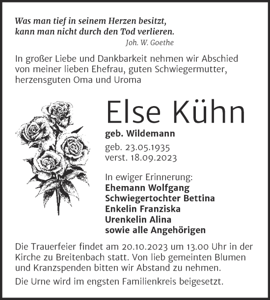 Traueranzeige von Else Kühn von Trauerkombi Zeitz