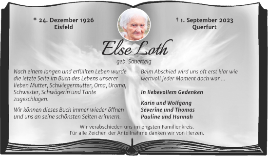 Traueranzeige von Else Loth von Trauerkombi Merseburg