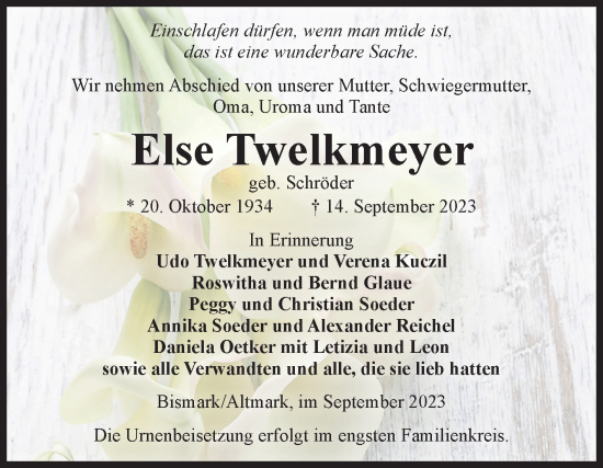 Traueranzeige von Else Twelkmeyer von Volksstimme Altmark Ost