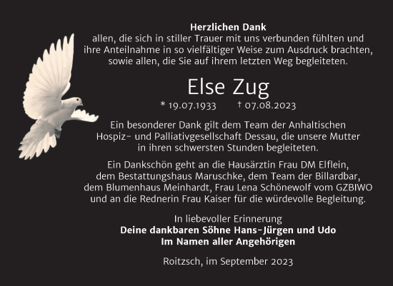 Traueranzeige von Else Zug von Trauerkombi Bitterfeld