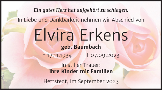 Traueranzeige von Elvira Erkens von Trauerkombi Mansfelder Land