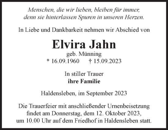 Traueranzeige von Elvira Jahn von Volksstimme Haldensleben/Wolmirstedt