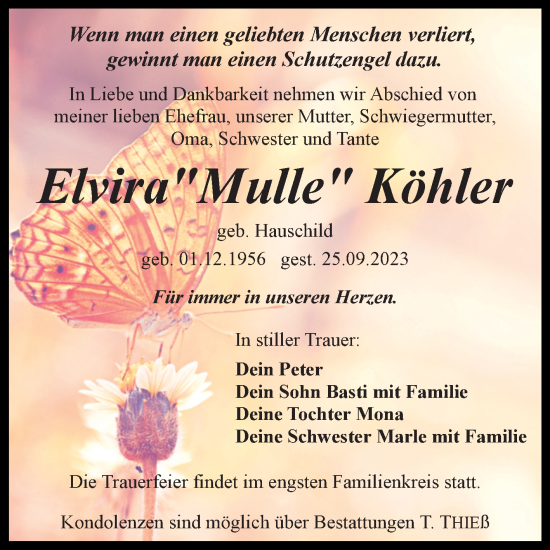 Traueranzeige von Elvira  Köhler von Trauerkombi Quedlinburg