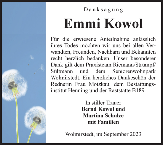 Traueranzeige von Emmi Kowol von Volksstimme Haldensleben/Wolmirstedt