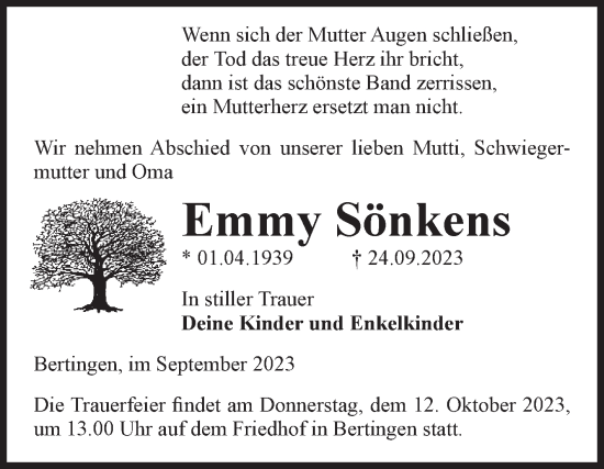Traueranzeige von Emmy Sönkens von Volksstimme Altmark Ost