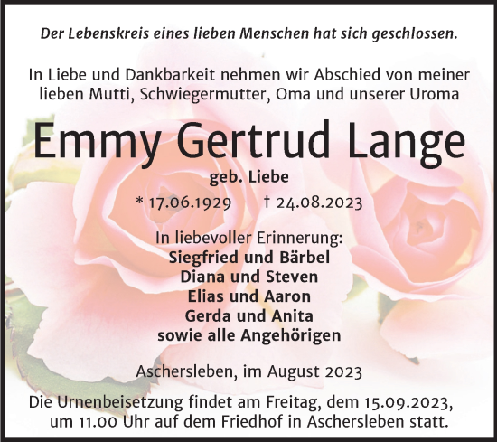 Traueranzeige von Emmy Gertrud Lange von Trauerkombi Aschersleben