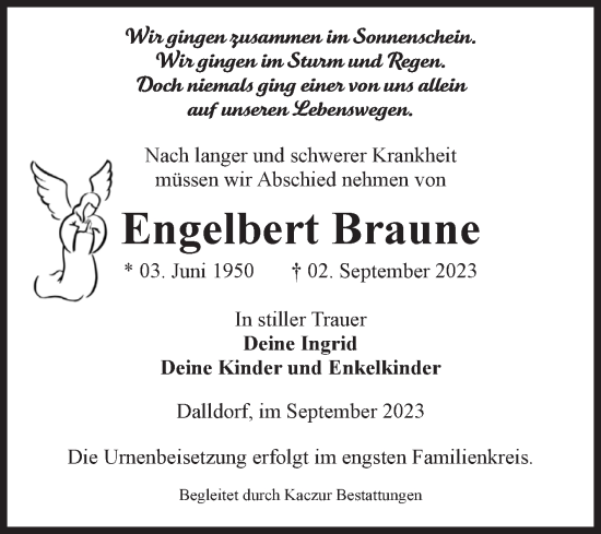 Traueranzeige von Engelbert Braune von Volksstimme Oschersleben/Wanzleben