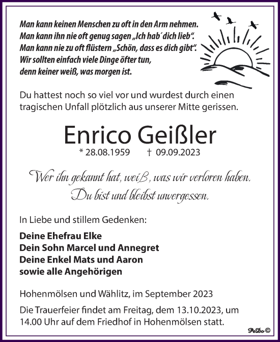 Traueranzeige von Enrico Geißler von Trauerkombi Weißenfels