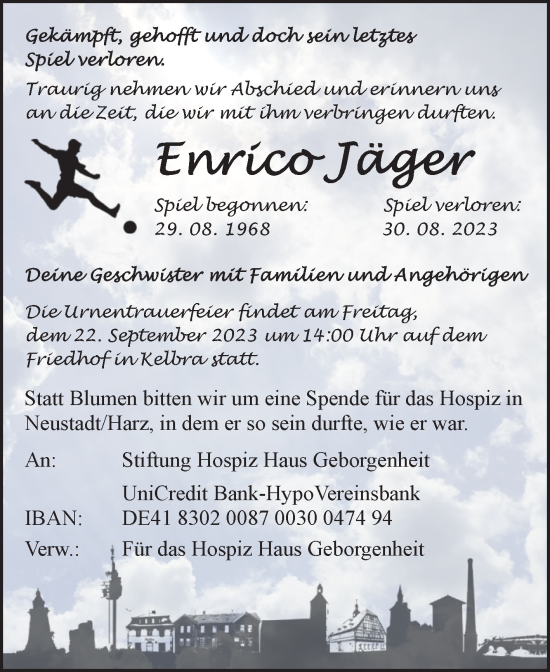 Traueranzeige von Enrico Jäger von Trauerkombi Sangerhausen