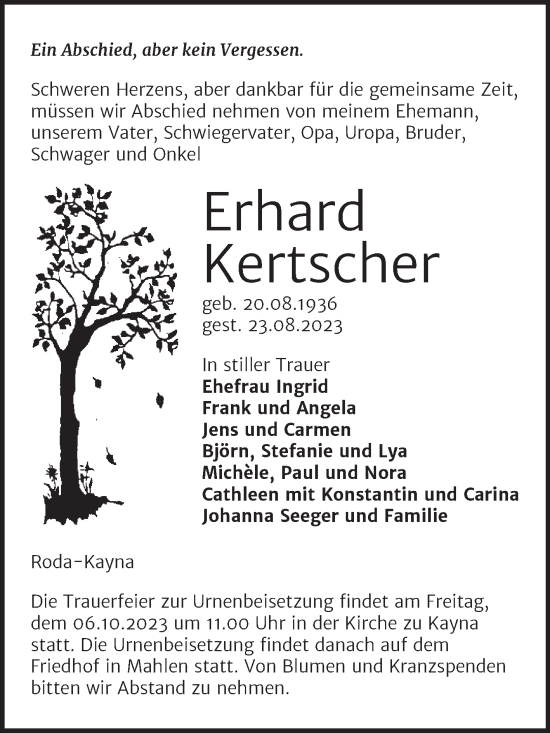 Traueranzeige von Erhard Kertscher von Trauerkombi Zeitz