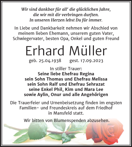 Traueranzeige von Erhard Müller von Trauerkombi Mansfelder Land