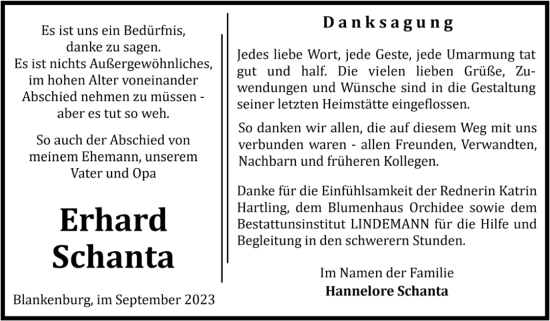 Traueranzeige von Erhard Schanta von Volksstimme Wernigerode
