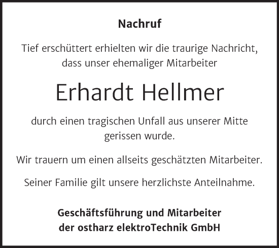 Traueranzeige von Erhardt Hellmer von Wochenspiegel Quedlingburg