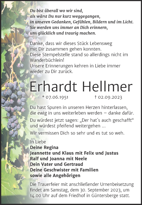 Traueranzeige von Erhardt Hellmer von Trauerkombi Quedlinburg