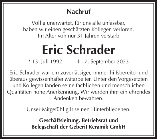 Traueranzeige von Eric Schrader von Volksstimme Haldensleben/Wolmirstedt