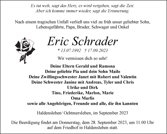 Traueranzeige von Eric Schrader von Volksstimme Haldensleben/Wolmirstedt