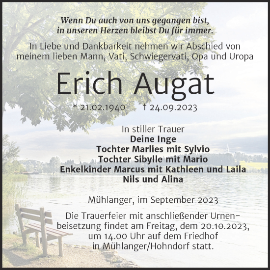 Traueranzeige von Erich Augat von Trauerkombi Wittenberg