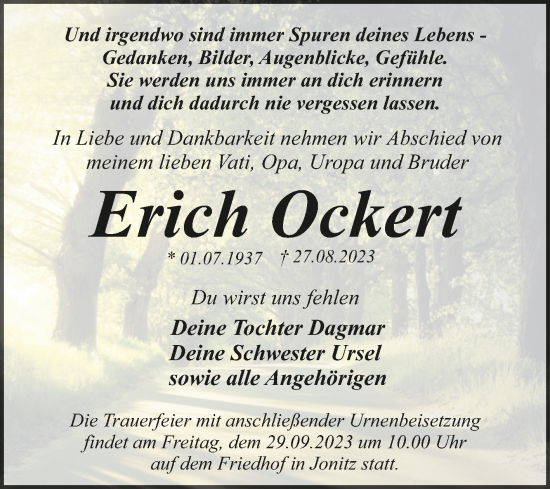 Traueranzeige von Erich Ockert von Super Sonntag Dessau-Roßlau