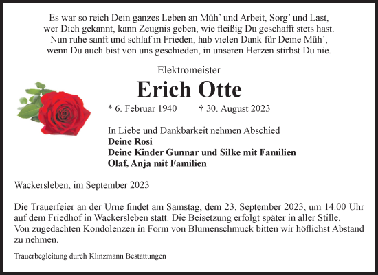 Traueranzeige von Erich Otte von Volksstimme Oschersleben/Wanzleben