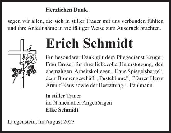 Traueranzeige von Erich Schmidt von Volksstimme Halberstadt