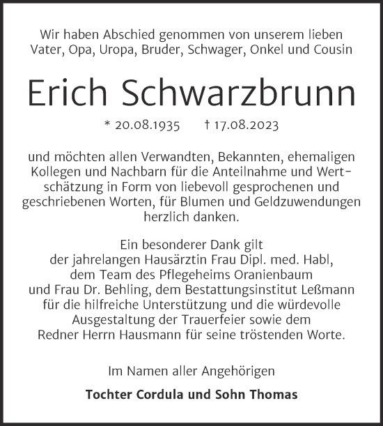 Traueranzeige von Erich Schwarzbrunn von Trauerkombi Wittenberg