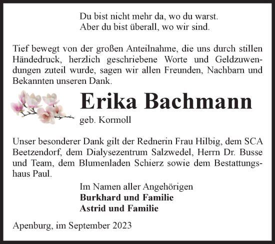 Traueranzeige von Erika Bachmann von Volksstimme Altmark West